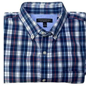 Banana Republic Soft Wash Slim Fit Button Down Shirt Blue White Plaid Medium